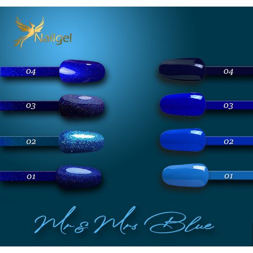 Mrs&Mr Blue gel polish collection with 8 gel polishes and a free sample display wheel (margarita).