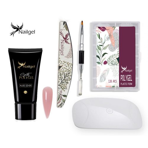 Polygel set with NUDE COVER gel, accessories and UV lamp