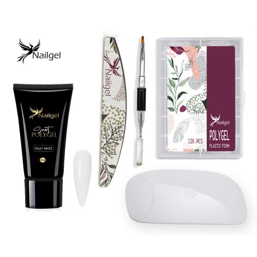 Polygel set with MILKY WHITE gel, accessories and UV lamp