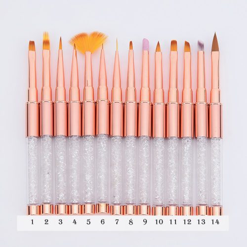 14 pieces of artificial nail brush set in rosegold colour with crystals